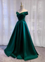 Vintage Emerald Green A-Line Off-The-Shoulder Satin Long Classy Prom Dress