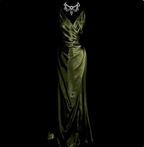 Vintage Emerald Green V-Neck Ruffled Satin Long Classy Prom Dress