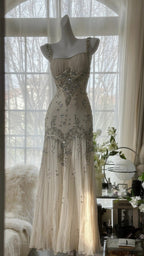 Vintage Classy Evening Dress, Light Champagne Long Sleeveless Party Gowns