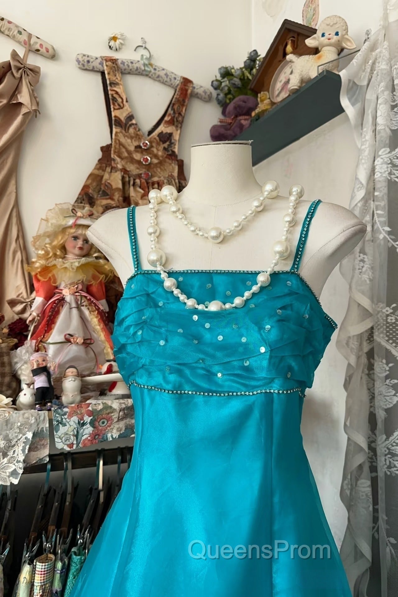 Vintage Fashion A Line Spaghetti Straps Blue Floor Length Evening Dress Evening Prom Dress Secondary image