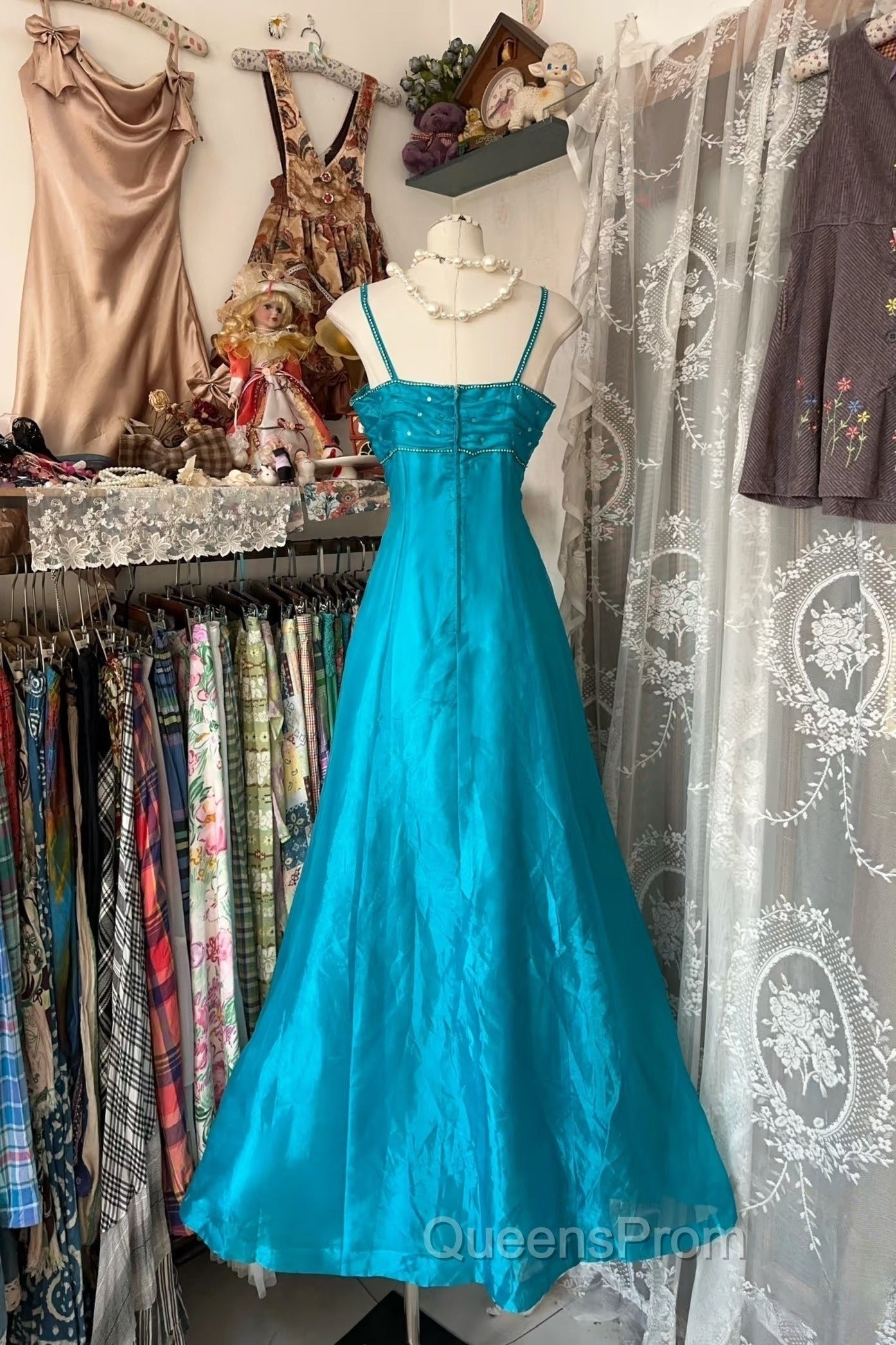 Vintage Fashion A Line Spaghetti Straps Blue Floor Length Evening Dress Evening Prom Dress