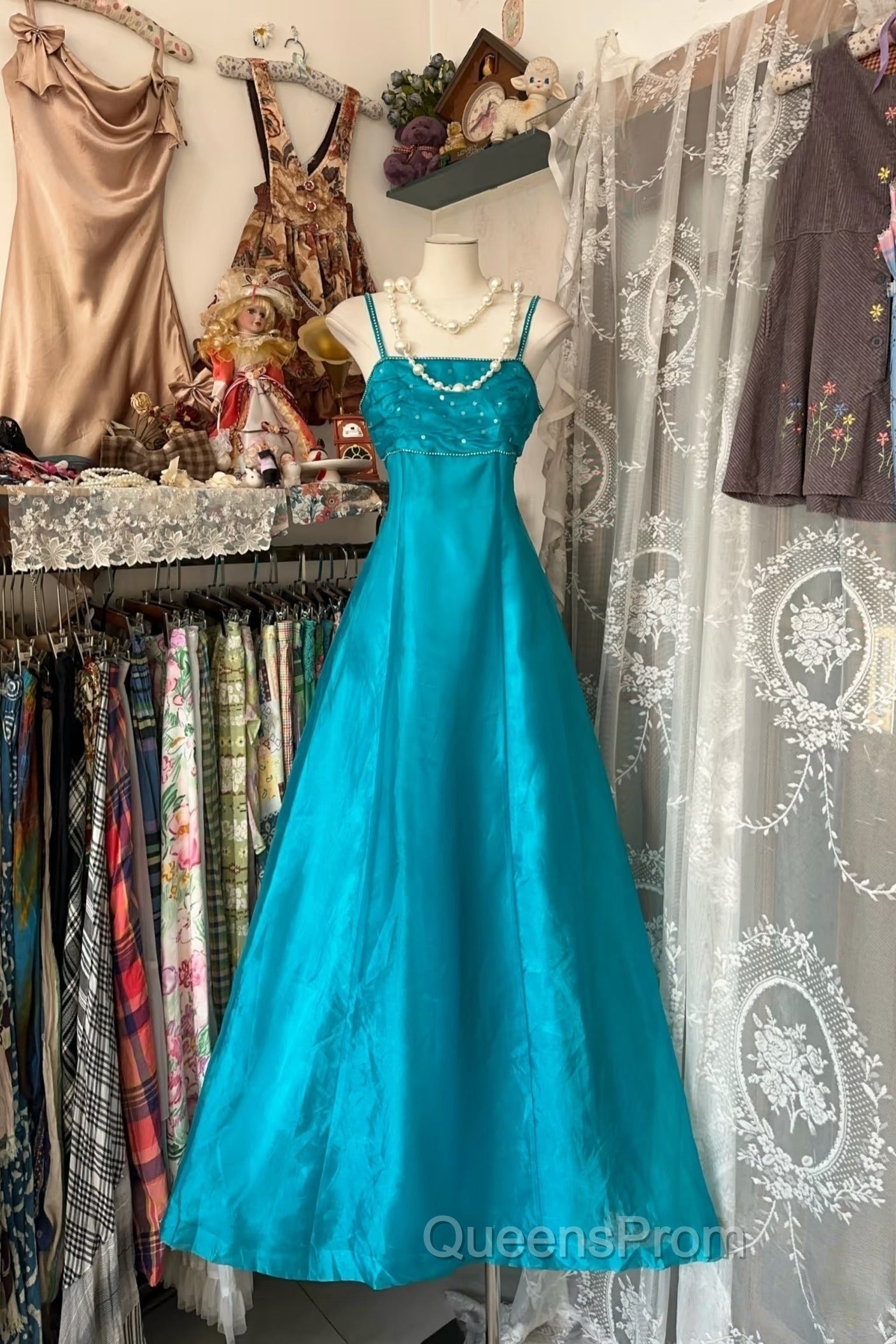 Vintage Fashion A Line Spaghetti Straps Blue Floor Length Evening Dress Evening Prom Dress