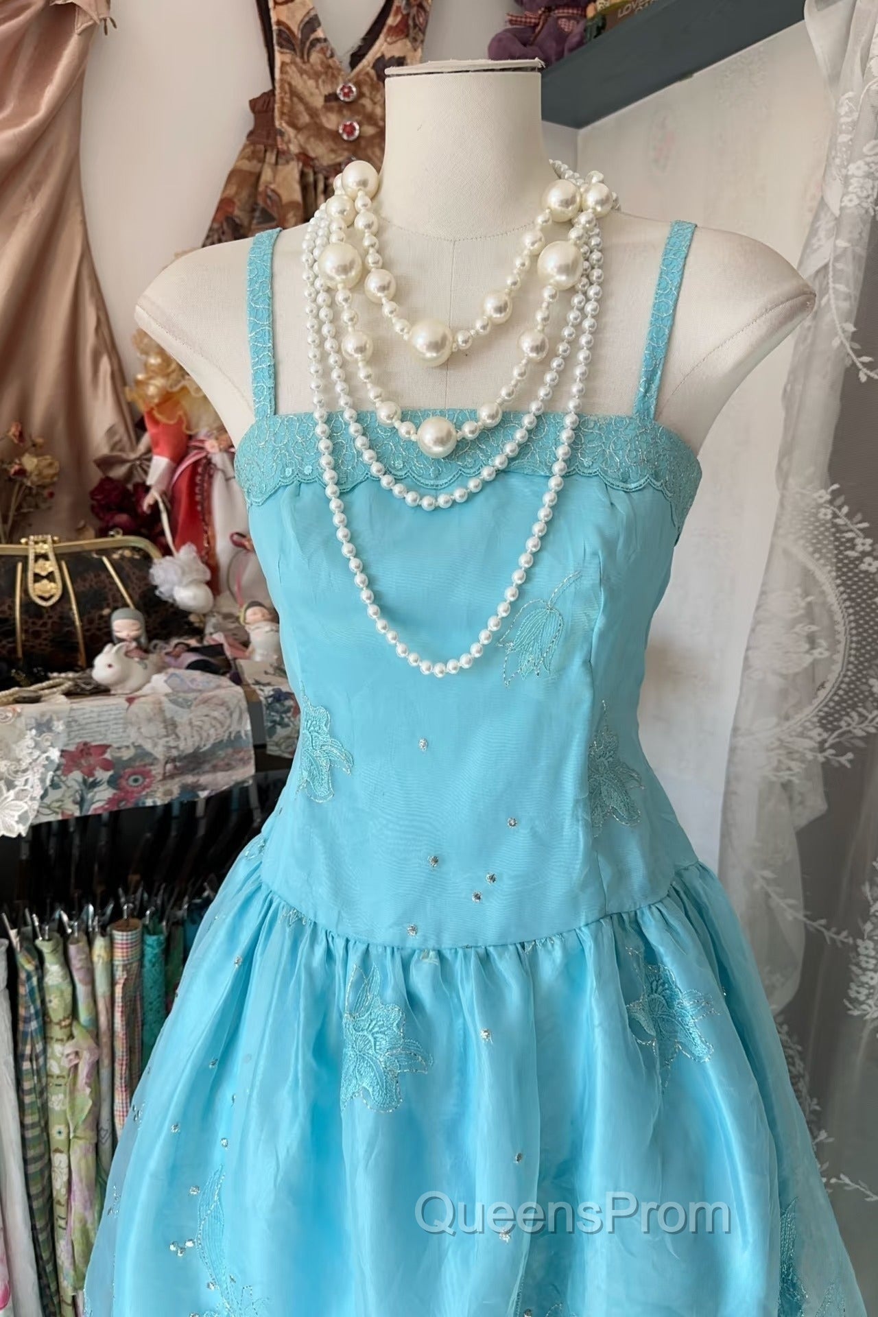 Vintage Fashion A Line Spaghetti Straps Light Blue Floor Length Evening Dress Evening Prom Dress Secondary image