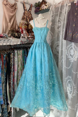 Vintage Fashion A Line Spaghetti Straps Light Blue Floor Length Evening Dress Evening Prom Dress