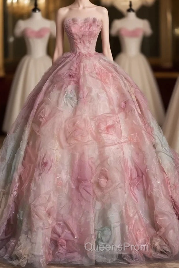 Vintage Fashion Ball Gown Strapless Pink Floral Floor Length Evening Dress Evening Prom Dress Main image