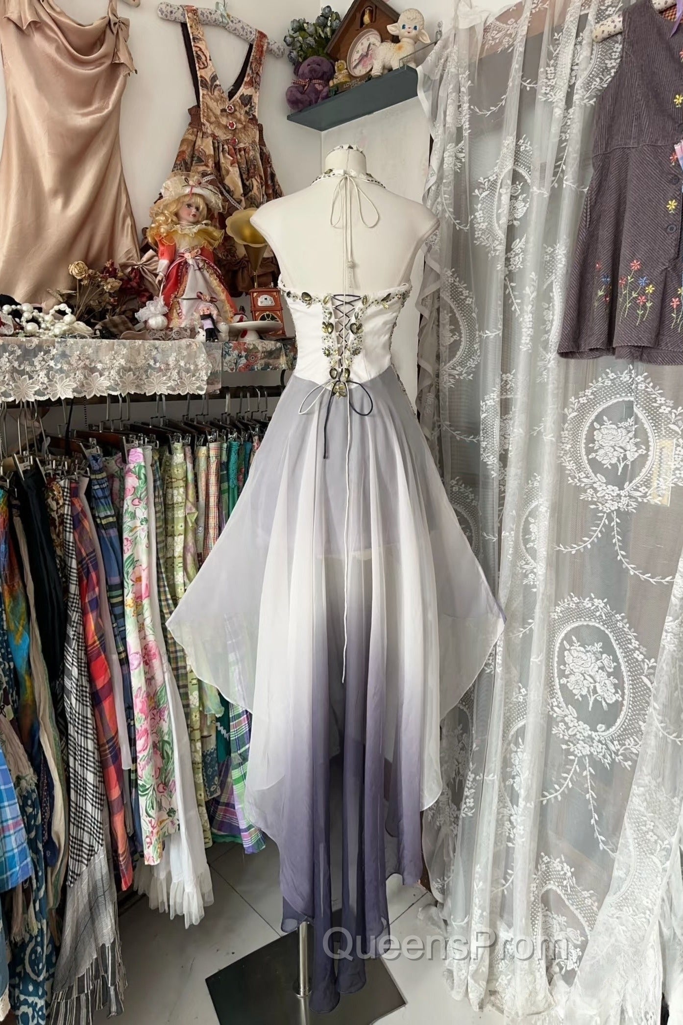 Vintage Fashion High Low Halter Ombre Gray Chiffon Evening Dress Evening Prom Dress Secondary image
