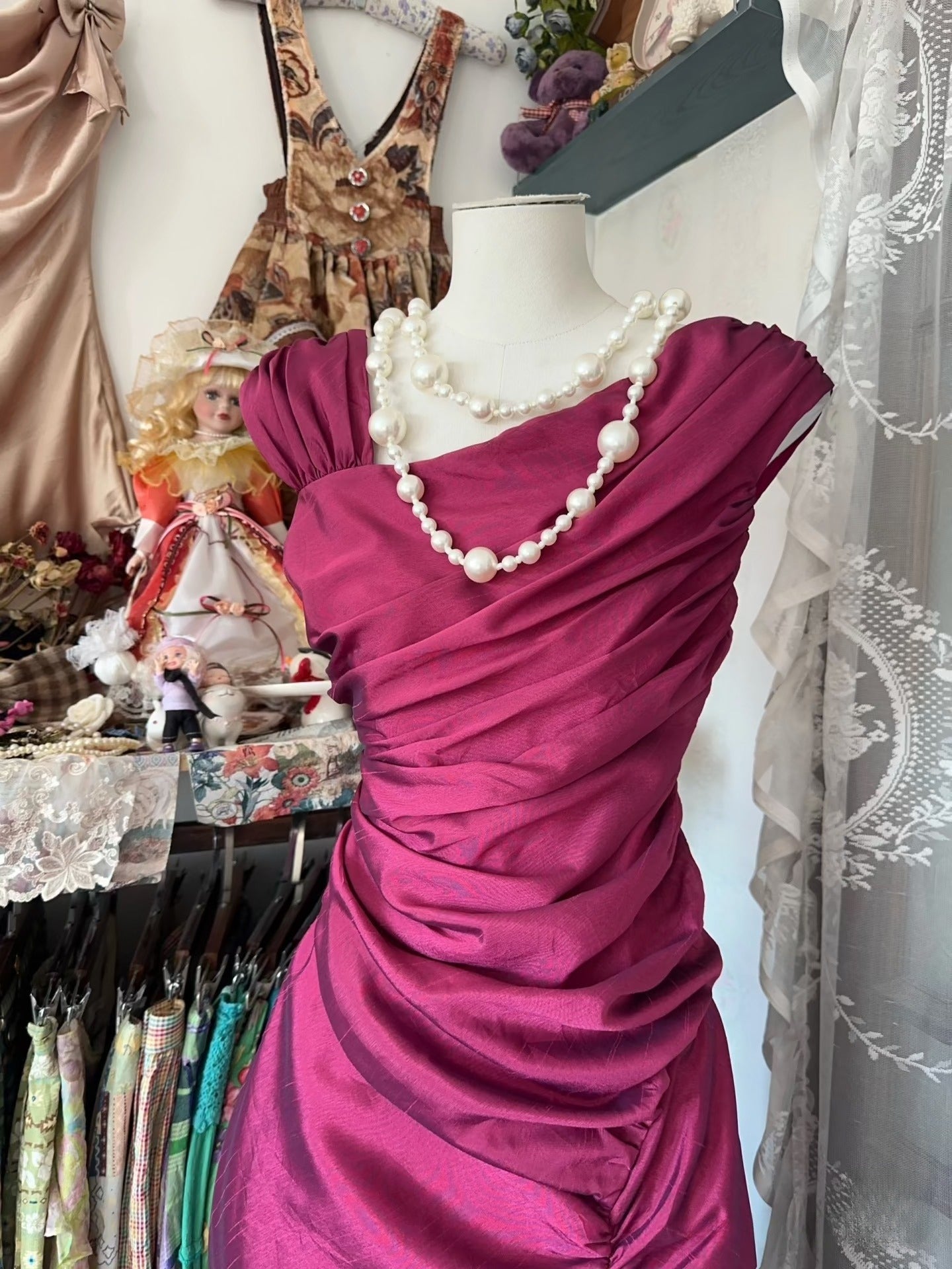 Vintage Fashion Mermaid Floor Length Hot Pink Satin Classy Evening Dress Classy Prom Dress Secondary image