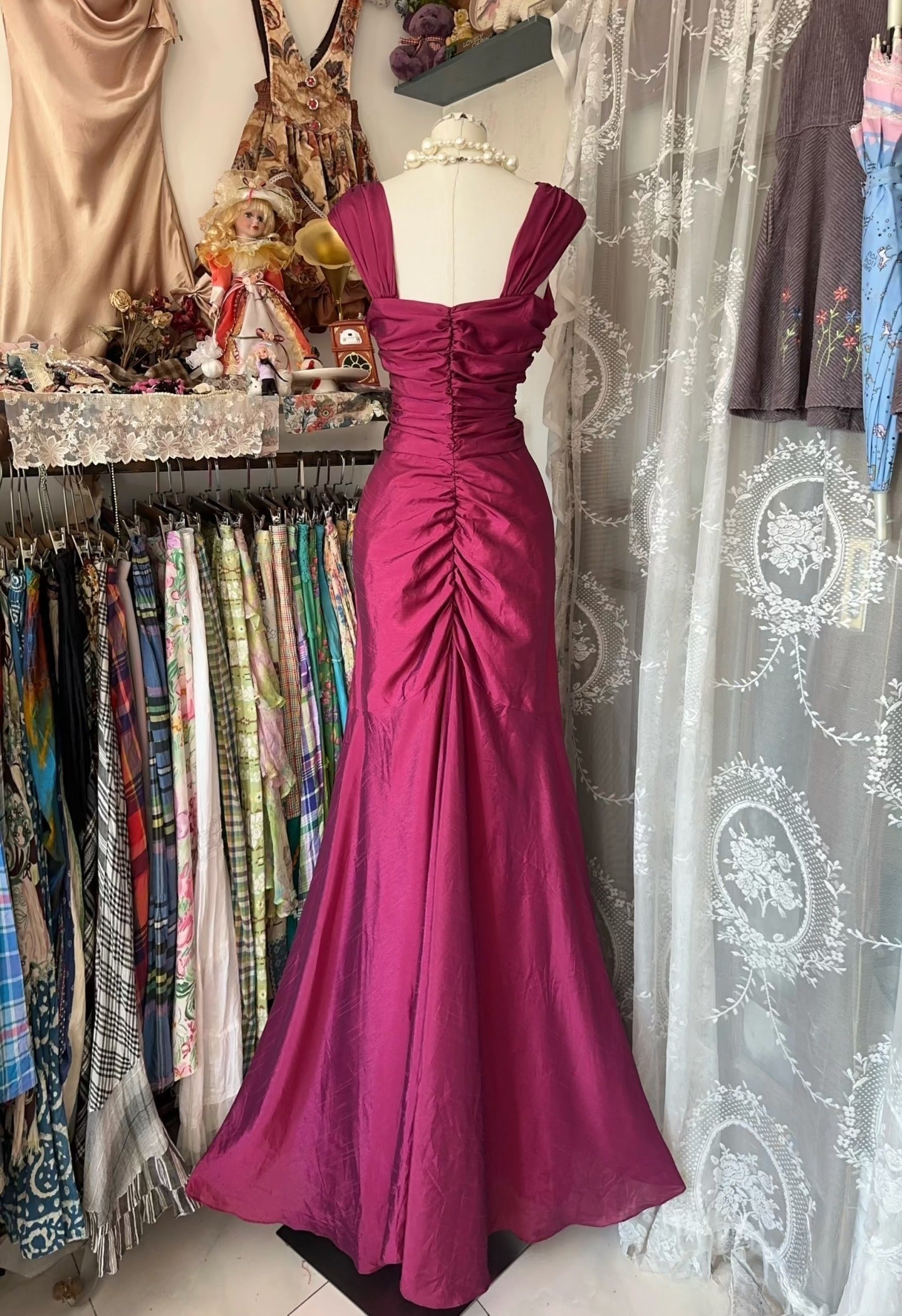 Vintage Fashion Mermaid Floor Length Hot Pink Satin Classy Evening Dress Classy Prom Dress