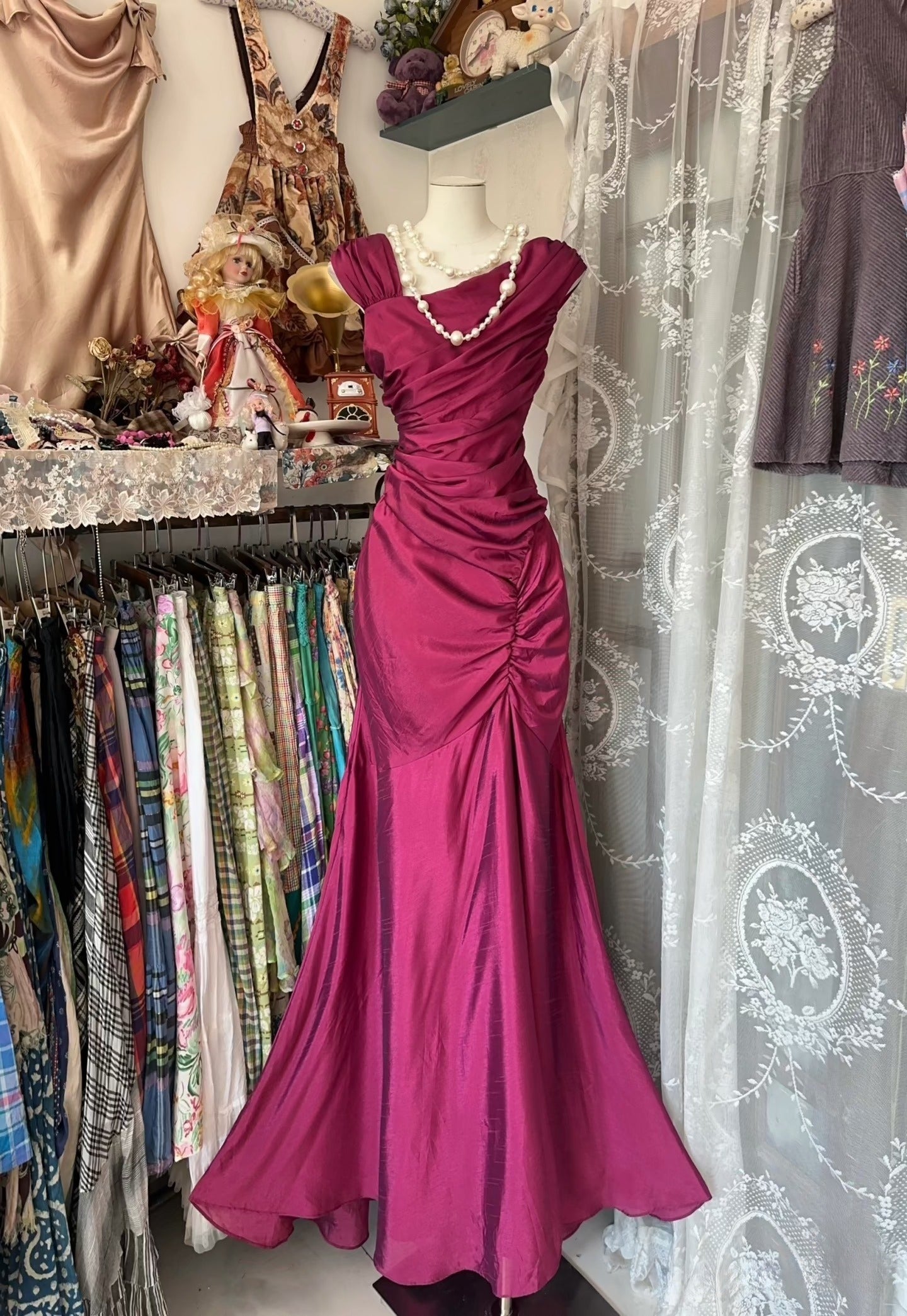 Vintage Fashion Mermaid Floor Length Hot Pink Satin Classy Evening Dress Classy Prom Dress Main image