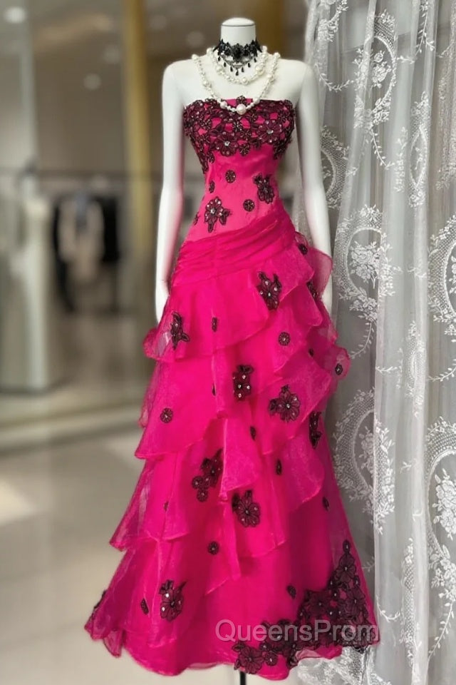 Vintage Fashion Mermaid Strapless Hot Pink Floor Length Evening Dress Evening Prom Dress Main image