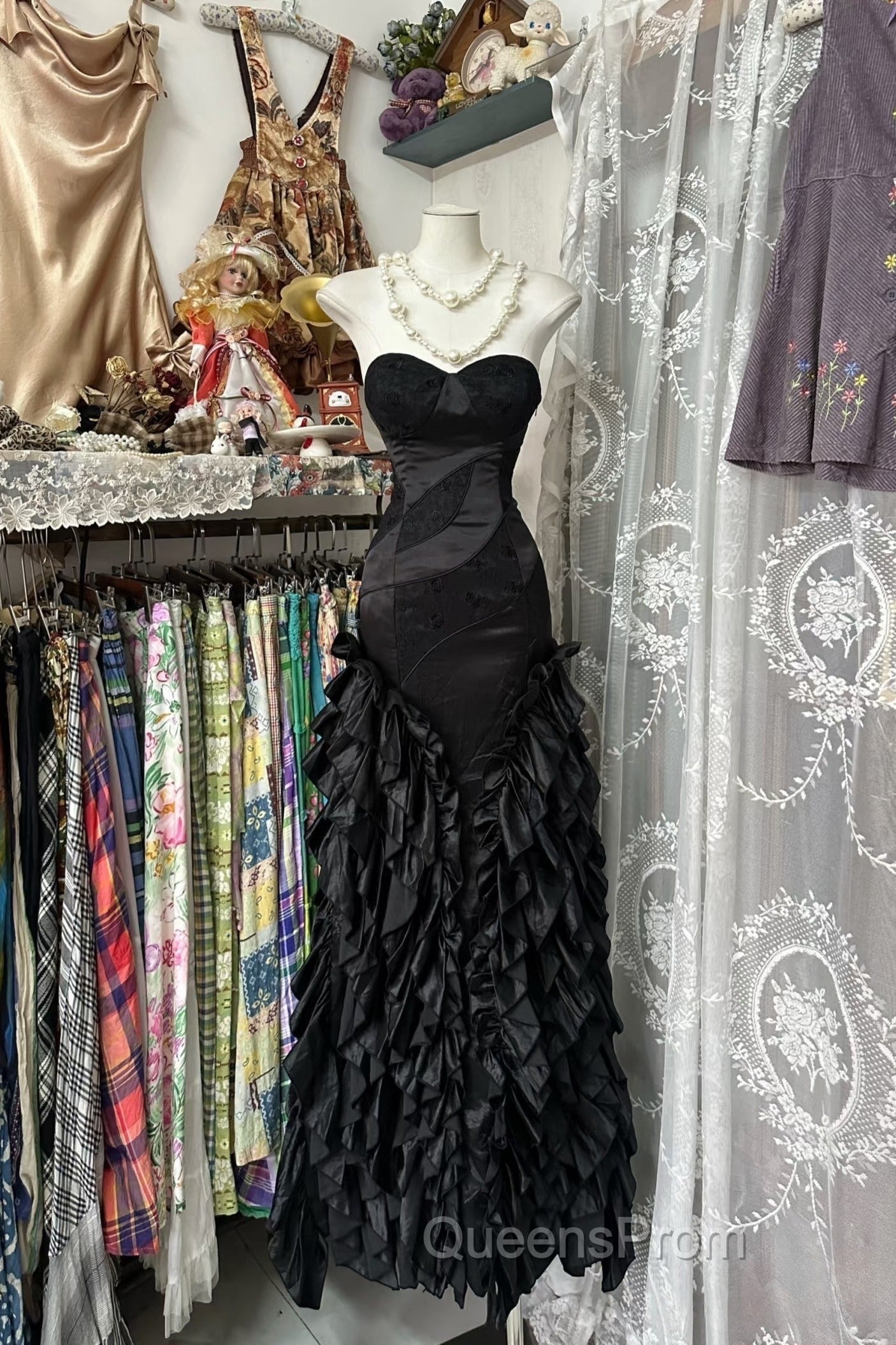 Vintage Fashion Mermaid Sweetheart Black Floor Length Evening Dress Evening Prom Dress