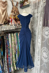 Vintage Fashion Mermaid V Neckline Navy Blue Floor Length Evening Dress Evening Prom Dress