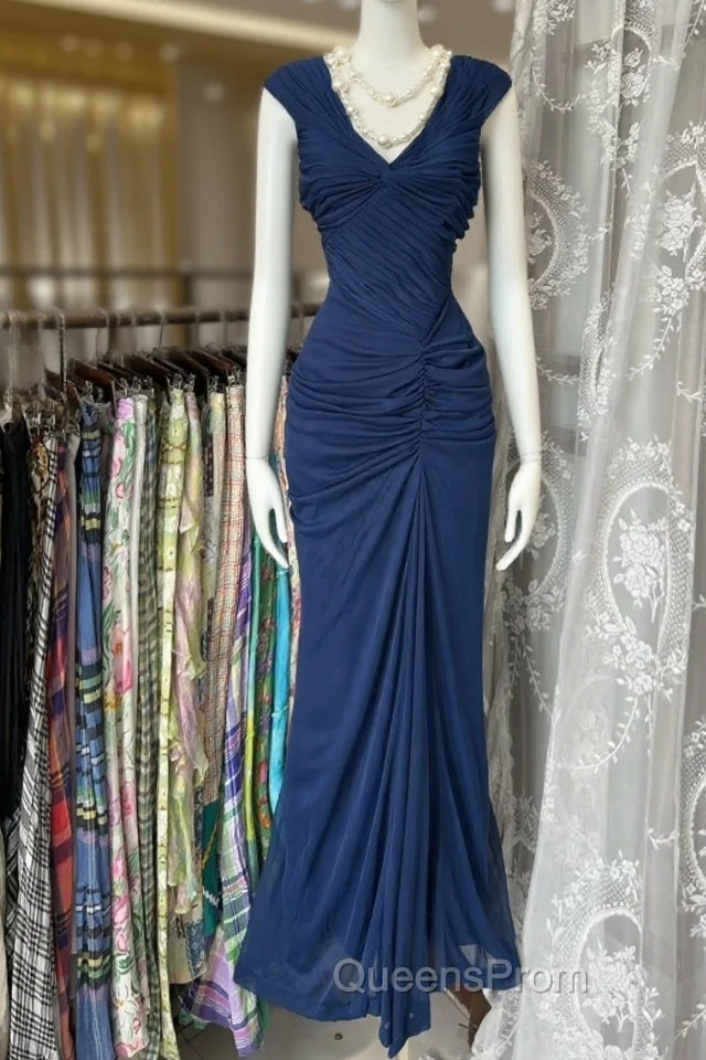 Vintage Fashion Mermaid V Neckline Navy Blue Floor Length Evening Dress Evening Prom Dress Main image