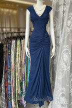 Vintage Fashion Mermaid V Neckline Navy Blue Floor Length Evening Dress Evening Prom Dress