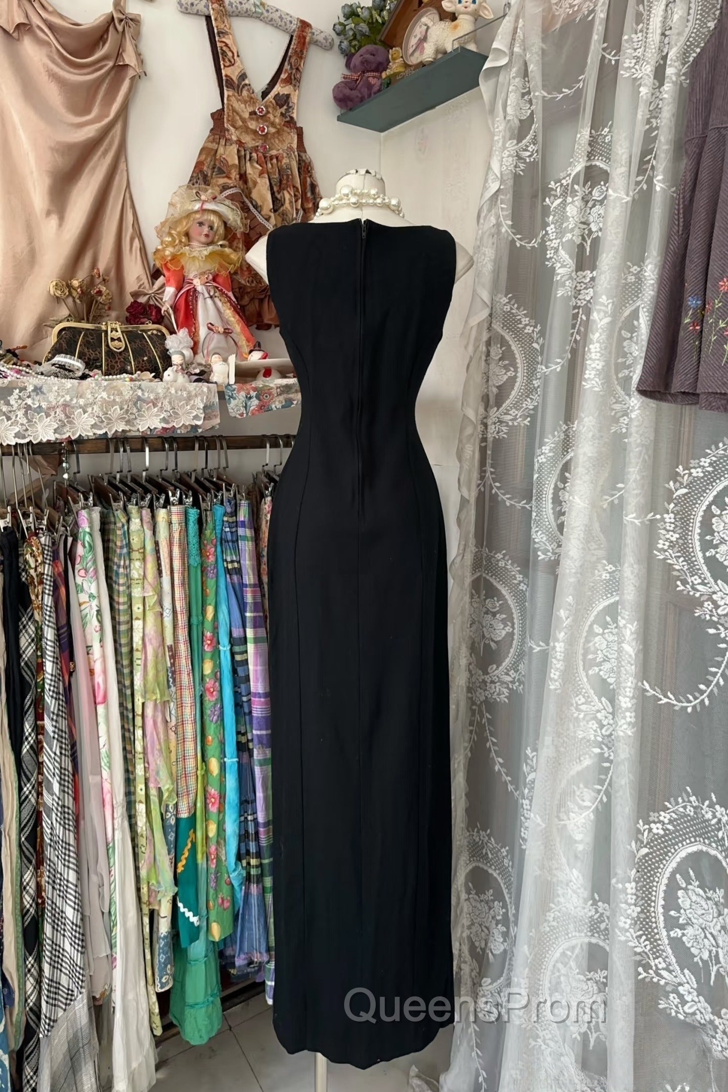 Vintage Fashion Sheath Straps Black Slit Floor Length Evening Dress Evening Prom Dress Secondary image