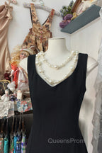 Vintage Fashion Sheath Straps Black Slit Floor Length Evening Dress Evening Prom Dress