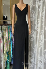 Vintage Fashion Sheath Straps Black Slit Floor Length Evening Dress Evening Prom Dress