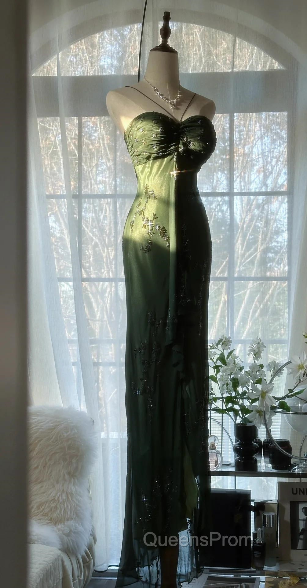 Vintage Forest Green Evening Prom Dress For Party&Quinceanera-Elegant Spaghetti Straps Glitter Beaded Evening Gown