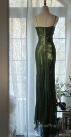 Vintage Forest Green Evening Prom Dress For Party&Quinceanera-Elegant Spaghetti Straps Glitter Beaded Evening Gown