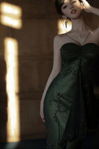 Vintagee??? Forest Green Spaghetti Straps Long Prom Dresses Glitter Chiffon Beaded Elegant Party Dresses