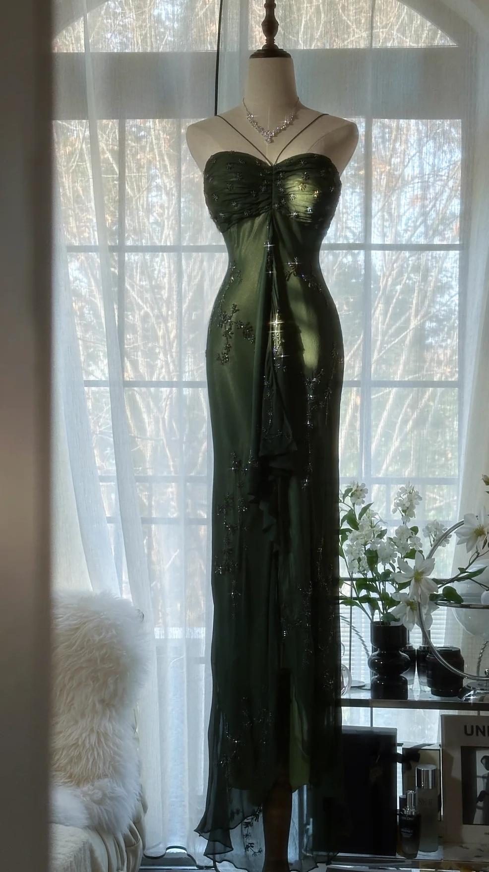 Vintagee??? Forest Green Spaghetti Straps Long Prom Dresses Glitter Chiffon Beaded Elegant Party Dresses Secondary image
