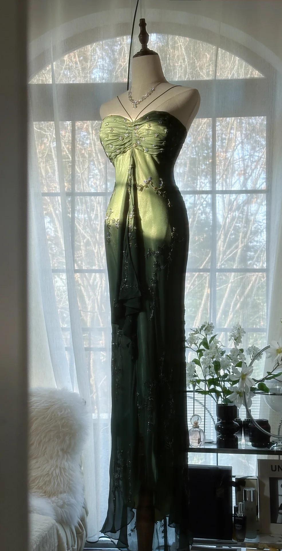 Vintagee??? Forest Green Spaghetti Straps Long Prom Dresses Glitter Chiffon Beaded Elegant Party Dresses