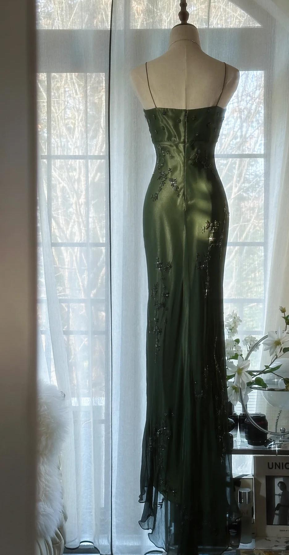 Vintagee??? Forest Green Spaghetti Straps Long Prom Dresses Glitter Chiffon Beaded Elegant Party Dresses