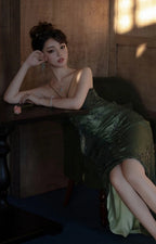 Vintagee??? Forest Green Spaghetti Straps Long Prom Dresses Glitter Chiffon Beaded Elegant Party Dresses
