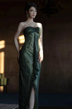 Vintagee??? Forest Green Spaghetti Straps Long Prom Dresses Glitter Chiffon Beaded Elegant Party Dresses