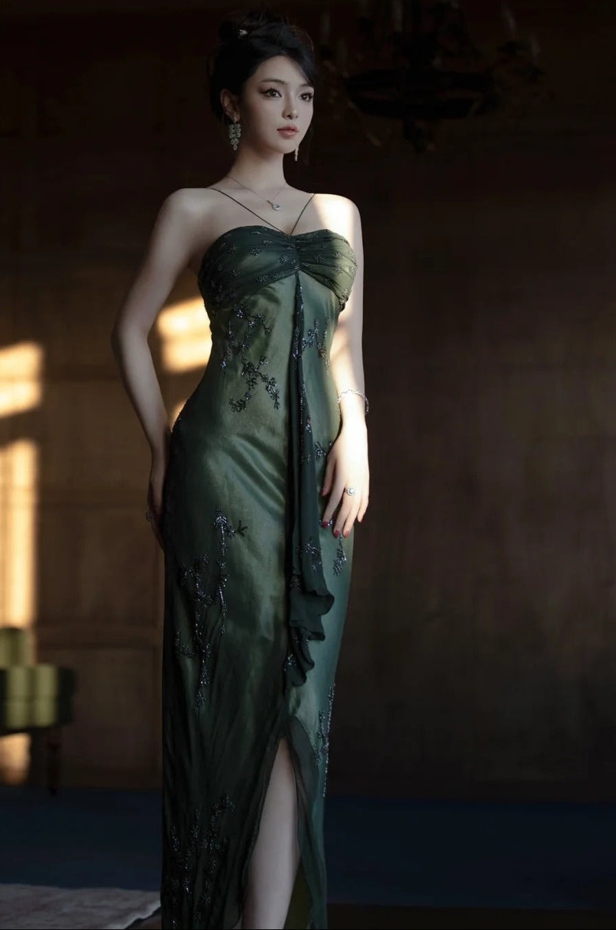 Vintagee??? Forest Green Spaghetti Straps Long Prom Dresses Glitter Chiffon Beaded Elegant Party Dresses