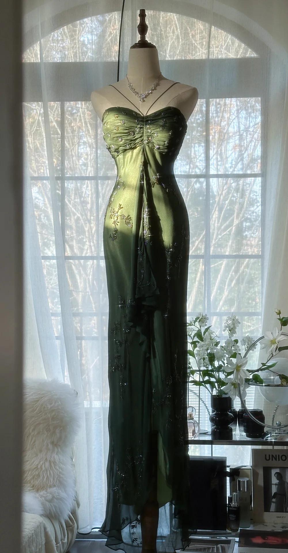 Vintagee??? Forest Green Spaghetti Straps Long Prom Dresses Glitter Chiffon Beaded Elegant Party Dresses
