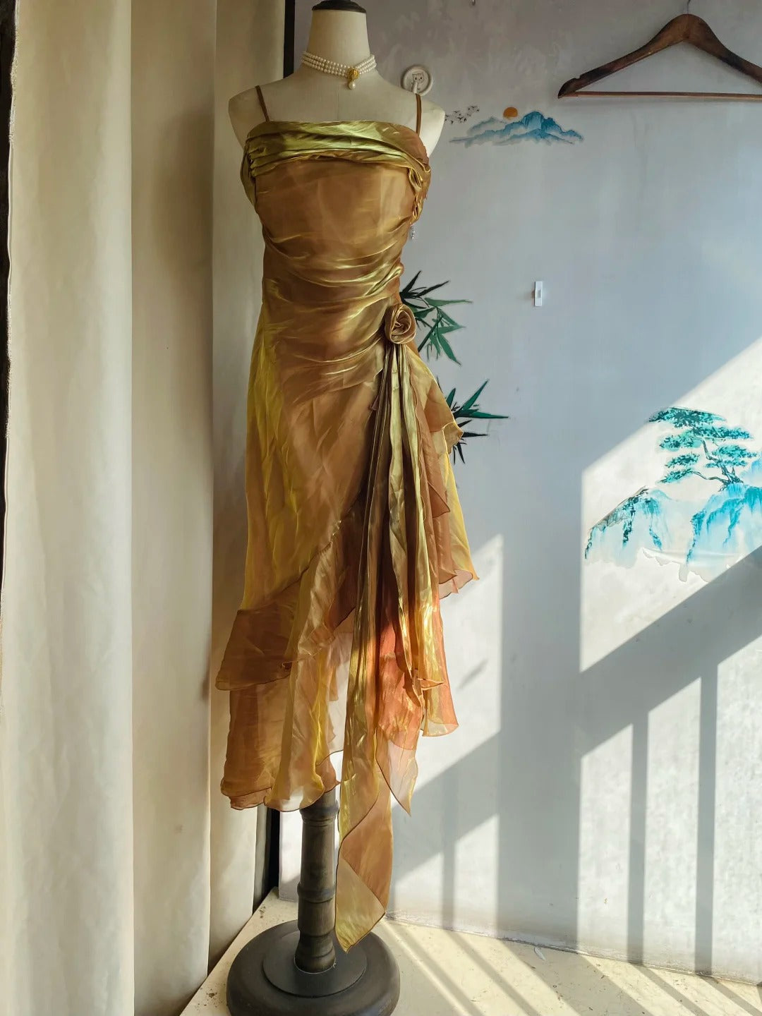 Vintage Gold-Brown Irregular Strap Pleated Satin Classy Prom Dress