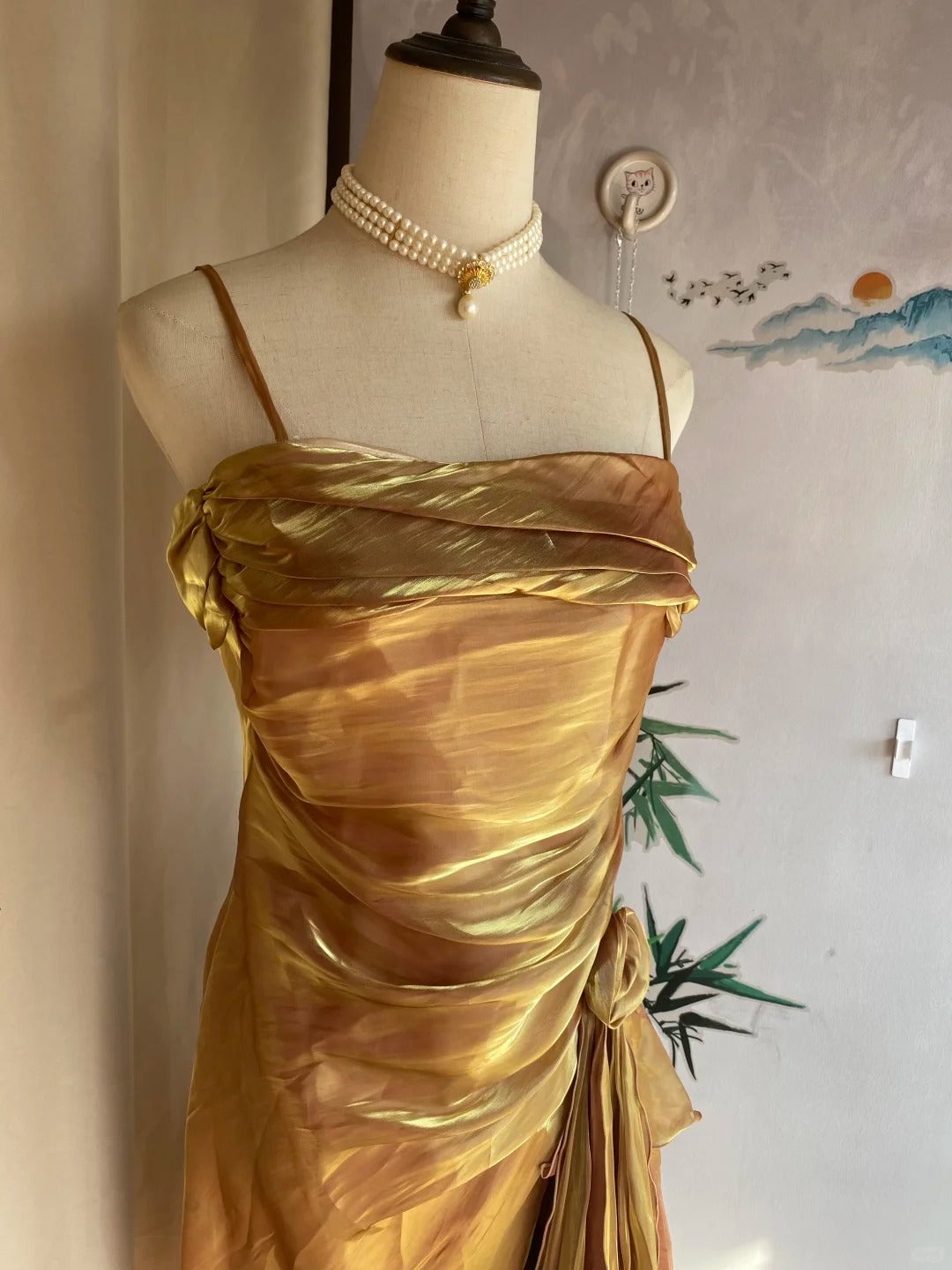 Vintage Gold-Brown Irregular Strap Pleated Satin Classy Prom Dress