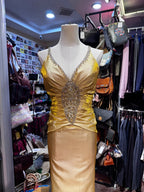 Vintage Gold Mermaid V-Neck Sequined Satin Long Classy Prom Dress