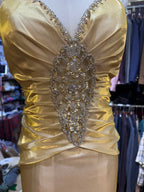 Vintage Gold Mermaid V-Neck Sequined Satin Long Classy Prom Dress