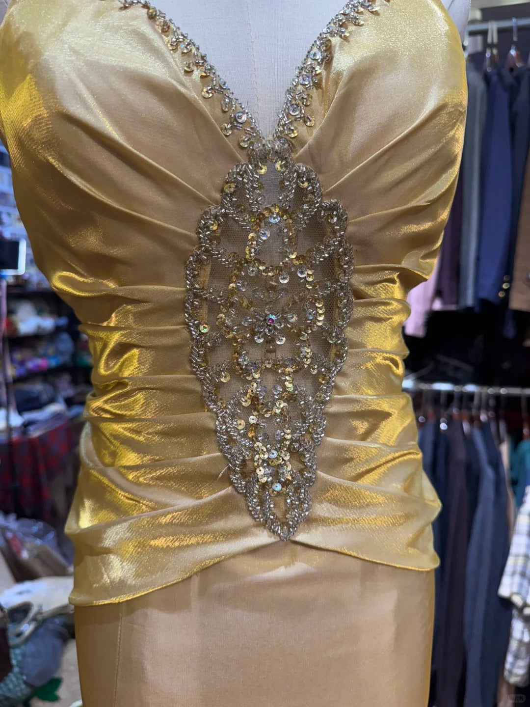 Vintage Gold Mermaid V-Neck Sequined Satin Long Classy Prom Dress