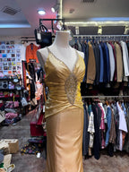 Vintage Gold Mermaid V-Neck Sequined Satin Long Classy Prom Dress