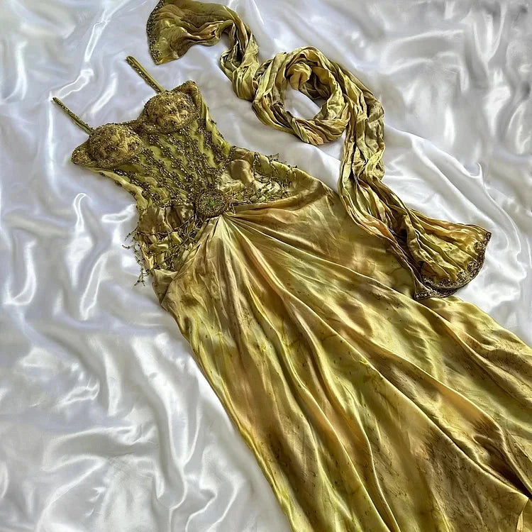 Vintage Gold Spaghetti Strap Silk Sheath Prom Dresses Beaded Evening Gowns With Scarf Secondary image