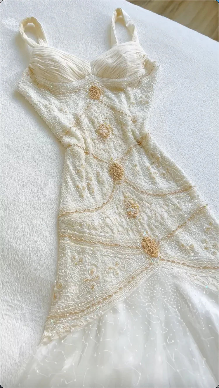 Vintage Gorgeous A Line StraP Beaded Ivory Chiffon Classy Prom Dress Classy Evening Dress Main image