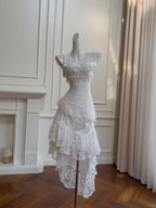 Vintage Gorgeous White Irregular Strap Pearl Lace Classy Prom Dress Bridesmaid Dress