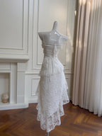 Vintage Gorgeous White Irregular Strap Pearl Lace Classy Prom Dress Bridesmaid Dress