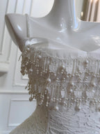 Vintage Gorgeous White Irregular Strap Pearl Lace Classy Prom Dress Bridesmaid Dress