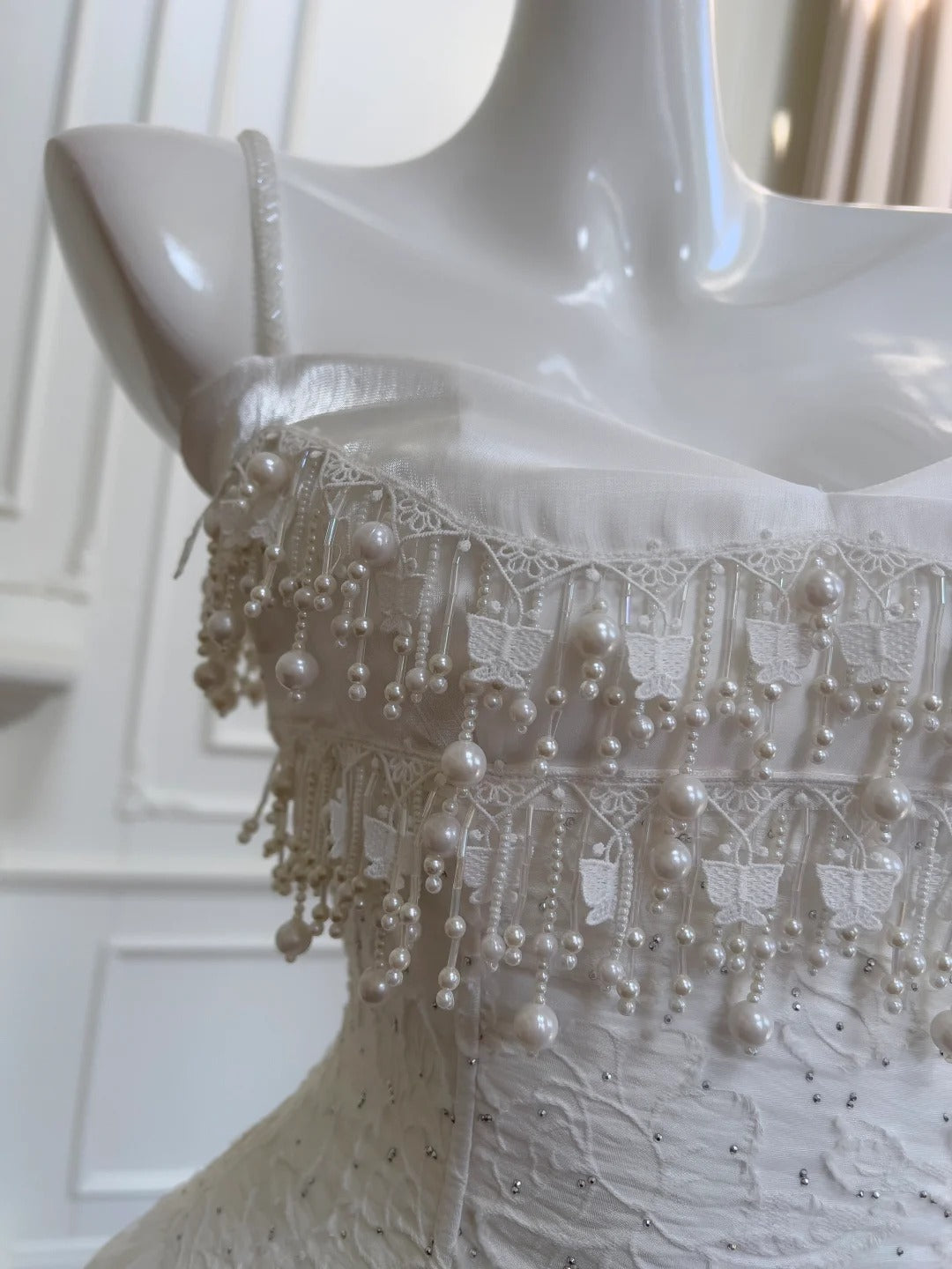 Vintage Gorgeous White Irregular Strap Pearl Lace Classy Prom Dress Bridesmaid Dress