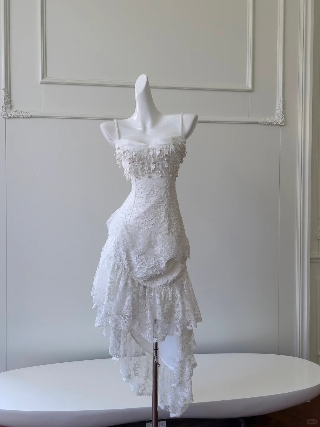 Vintage Gorgeous White Irregular Strap Pearl Lace Classy Prom Dress Bridesmaid Dress