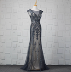 Vintage Gradient Grey-Blue Mermaid Crew Neck Beaded Sequin Tulle Long Classy Prom Dress