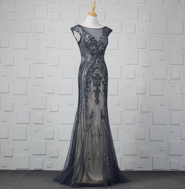 Vintage Gradient Grey-Blue Mermaid Crew Neck Beaded Sequin Tulle Long Classy Prom Dress