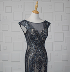 Vintage Gradient Grey-Blue Mermaid Crew Neck Beaded Sequin Tulle Long Classy Prom Dress