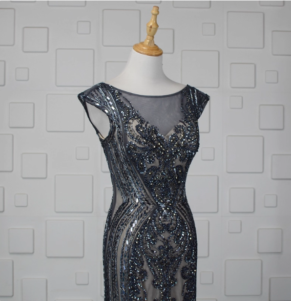 Vintage Gradient Grey-Blue Mermaid Crew Neck Beaded Sequin Tulle Long Classy Prom Dress