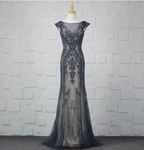 Vintage Gradient Grey-Blue Mermaid Crew Neck Beaded Sequin Tulle Long Classy Prom Dress