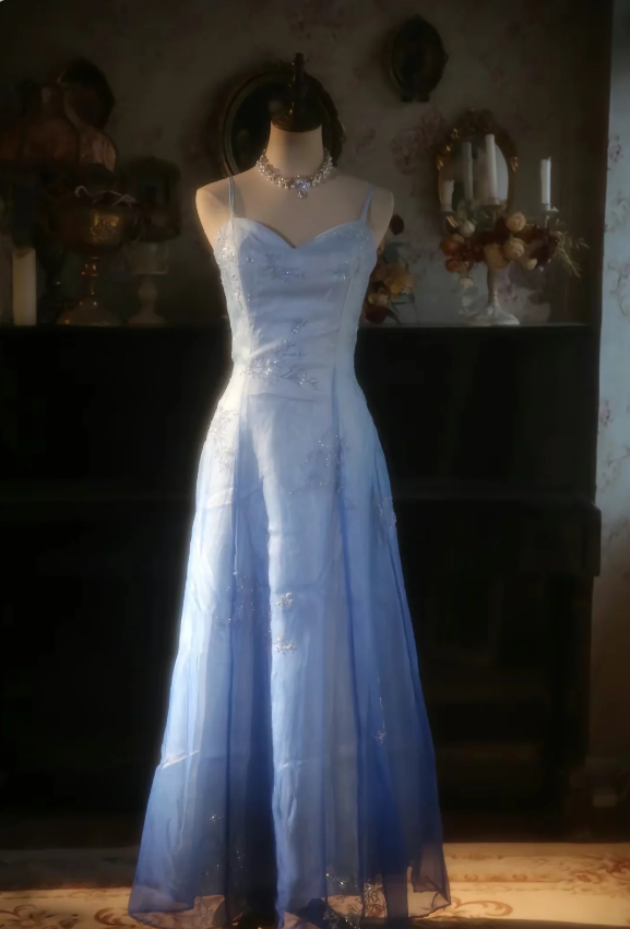 Vintage Gradient Light Blue A-Line Spaghetti Strap Beaded Tulle Long Classy Prom Dress Secondary image